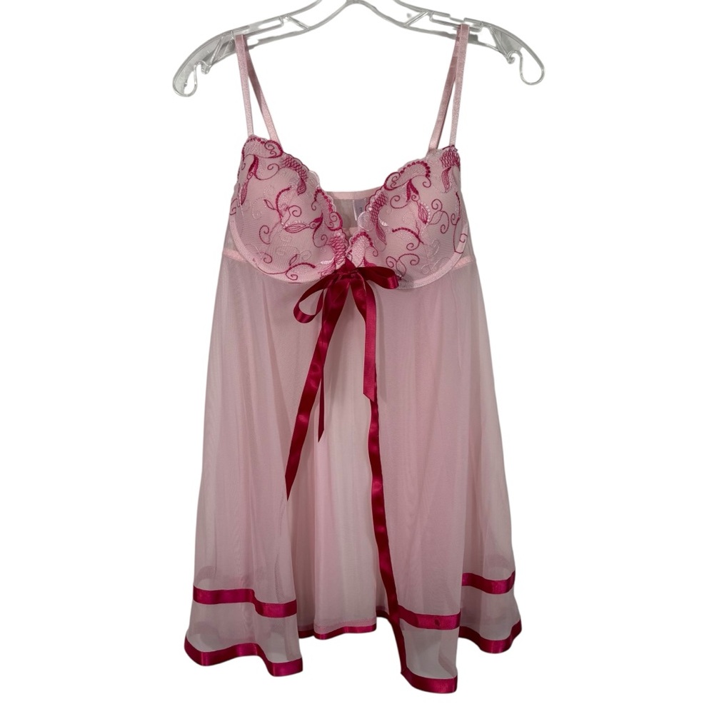 Vintage Y2K Inner Secrets Pink Mesh Sheer Tie Coquette Bow Teddy Tank Night Gown